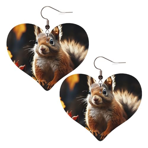 Eichhörnchen im Wald Leder-Ohrringe für Damen, Herz-Ohrringe, leicht, baumelnde Ohrringe, Schmuckgeschenke von FZQVSLCM