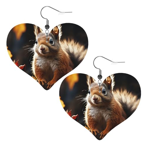 Eichhörnchen im Wald Leder-Ohrringe für Damen, Herz-Ohrringe, leicht, baumelnde Ohrringe, Schmuckgeschenke von FZQVSLCM