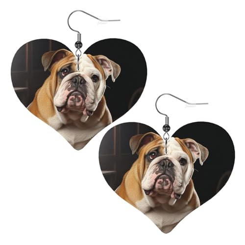 Englische Bulldogge Leder-Ohrringe für Frauen, Herz-Ohrringe, leicht, baumelnde Ohrringe, Schmuckgeschenke von FZQVSLCM