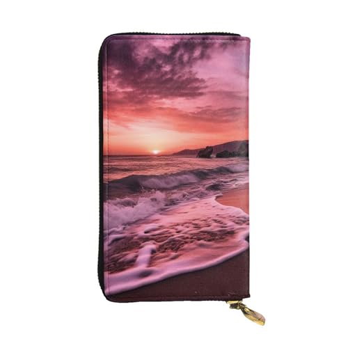 FZQVSLCM Beach Sunset Ledergeldbörse für Damen, lange Münzbörse, ultradünn, Kreditkartenhalter, Bifold Clutch von FZQVSLCM