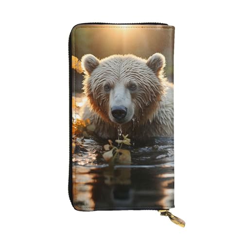 FZQVSLCM Bear Crossing the River Ledergeldbörse für Damen, lange Münzbörse, ultradünn, Kreditkartenhalter, Bifold Clutch von FZQVSLCM