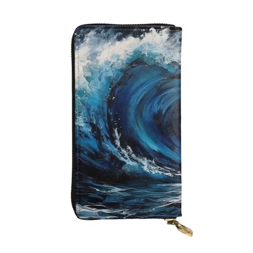 FZQVSLCM Blue Wave Painting Leder Geldbörse für Frauen Lange Münzbörse Ultra Slim Kreditkartenhalter Bifold Clutch von FZQVSLCM