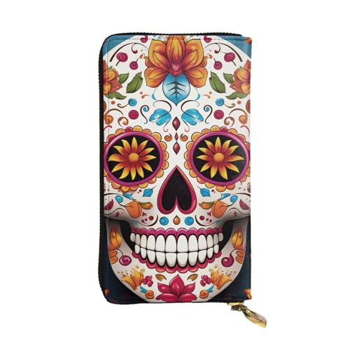 FZQVSLCM Bunte Geldbörse aus Leder mit Totenkopfmotiv für Damen, lange Münzbörse, ultradünn, Kreditkartenhalter, doppelt gefaltete Clutch von FZQVSLCM