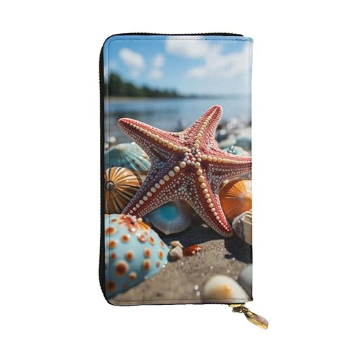 FZQVSLCM Bunte Seestern am Strand, Ledergeldbörse für Damen, lange Münzbörse, ultradünn, Kreditkartenhalter, doppelt gefaltete Clutch von FZQVSLCM
