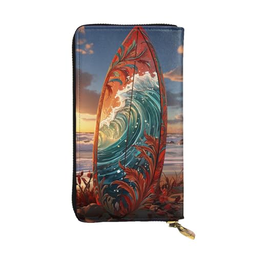 FZQVSLCM Bunte Surfbrett-Ledergeldbörse für Damen, lange Münzbörse, ultradünn, Kreditkartenhalter, doppelt gefaltete Clutch von FZQVSLCM