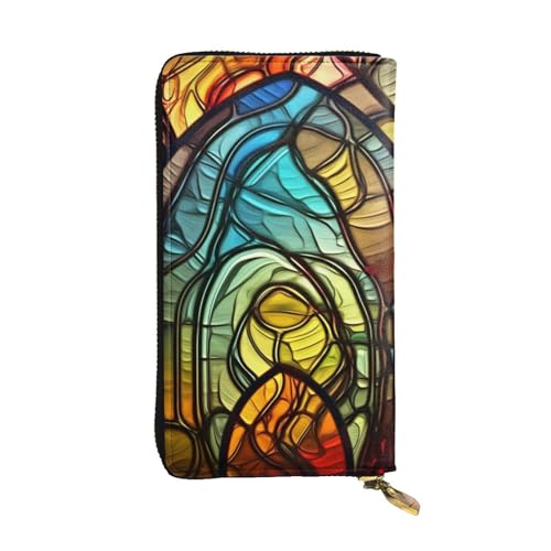 FZQVSLCM Buntglas-Kunstleder-Geldbörse für Damen, lange Münzbörse, ultradünn, Kreditkartenhalter, doppelt gefaltete Clutch von FZQVSLCM