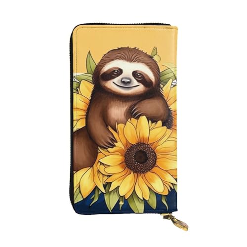 FZQVSLCM Cartoon-Faultier sitzt auf Sonnenblumen-Ledergeldbörse für Damen, lange Münzbörse, ultradünn, Kreditkartenhalter, doppelt gefaltete Clutch von FZQVSLCM
