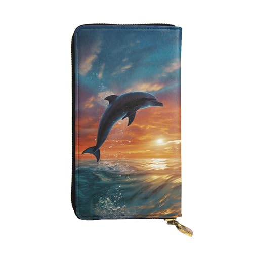 FZQVSLCM Delfine and Palm Trees Leather Wallet for Women Long Coin Purse Ultra Slim Credit Cards Holder Bifold Clutch von FZQVSLCM