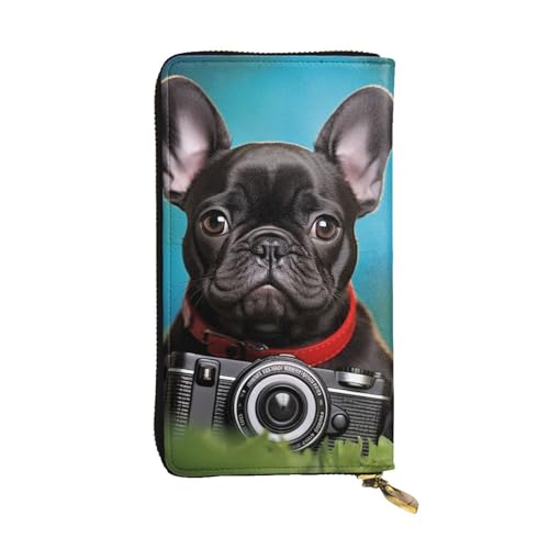 FZQVSLCM Französische Bulldogge Welpe mit Kamera, Ledergeldbörse für Damen, lange Münzgeldbörse, ultradünn, Kreditkartenhalter, Bifold Clutch von FZQVSLCM