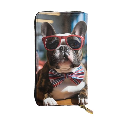 FZQVSLCM Französische Bulldogge mit Sonnenbrille, Ledergeldbörse für Damen, lange Münzbörse, ultradünn, Kreditkartenhalter, doppelt gefaltete Clutch von FZQVSLCM