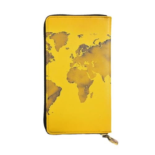 FZQVSLCM Gelbe Weltkarte Leder Geldbörse für Frauen Lange Münzbörse Ultra Slim Kreditkartenhalter Bifold Clutch von FZQVSLCM