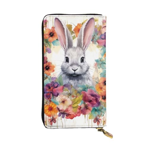 FZQVSLCM Geldbörse aus Leder mit Aquarell-Kaninchen und Blumen, lange Münzbörse, ultradünn, Kreditkartenhalter, doppelt gefaltete Clutch von FZQVSLCM