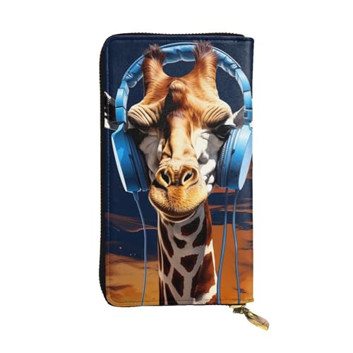 FZQVSLCM Giraffe mit Kopfhörern, Ledergeldbörse für Damen, lange Münzbörse, ultradünn, Kreditkartenhalter, doppelt gefaltete Clutch von FZQVSLCM