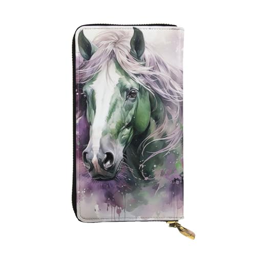 FZQVSLCM Green Horse Ledergeldbörse für Damen, lange Münzbörse, ultradünn, Kreditkartenhalter, Bifold Clutch von FZQVSLCM