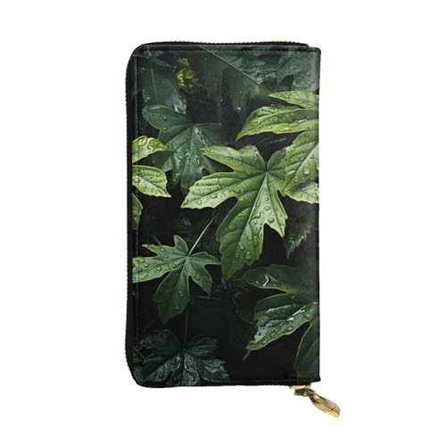 FZQVSLCM Grüne Blättermuster, Ledergeldbörse für Damen, lange Münzbörse, ultradünn, Kreditkartenhalter, doppelt gefaltete Clutch von FZQVSLCM