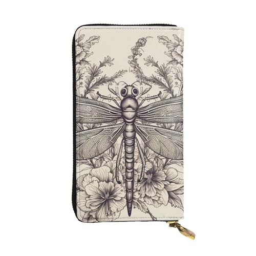 FZQVSLCM Handgezeichnete Geldbörse aus Leder mit Libellen-Motiv für Damen, lange Münzbörse, ultradünn, Kreditkartenhalter, doppelt gefaltete Clutch von FZQVSLCM