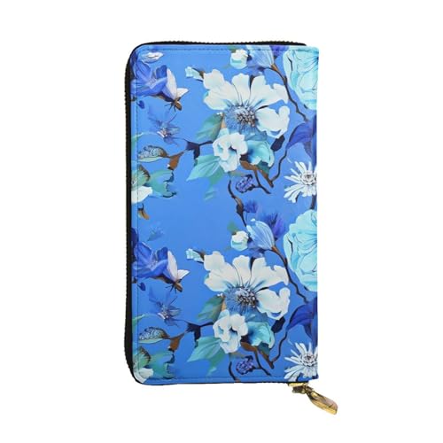 FZQVSLCM Ledergeldbörse mit Blumenmuster für Damen, lange Münzbörse, ultradünn, Kreditkartenhalter, doppelte Clutch, Blau von FZQVSLCM