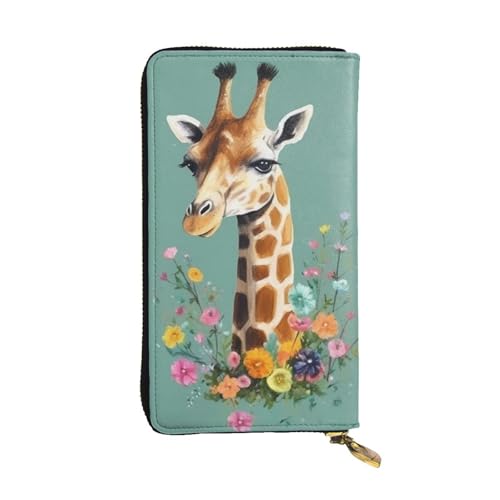 FZQVSLCM Ledergeldbörse mit Giraffe mit Blumen, lange Münzbörse, ultradünn, Kreditkartenhalter, Bifold Clutch von FZQVSLCM