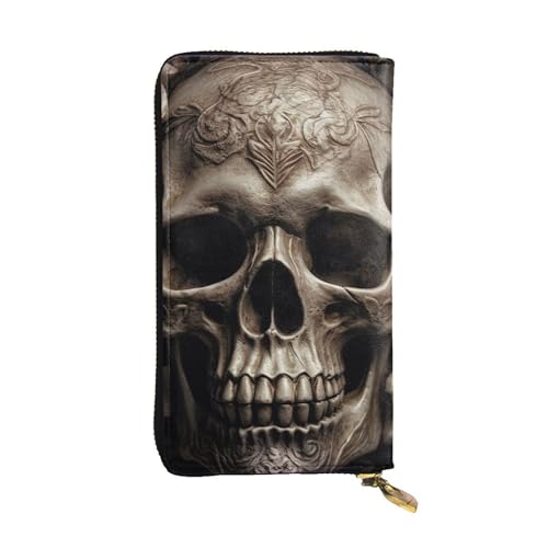 FZQVSLCM Ledergeldbörse mit Totenkopf-Motiv, lange Münzbörse, ultradünn, Kreditkartenhalter, doppelt gefaltete Clutch von FZQVSLCM