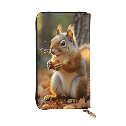 FZQVSLCM Niedliche Eichhörnchen essen Nüsse Leder Geldbörse für Frauen Lange Münzbörse Ultra Slim Kreditkarten Halter Bifold Clutch von FZQVSLCM