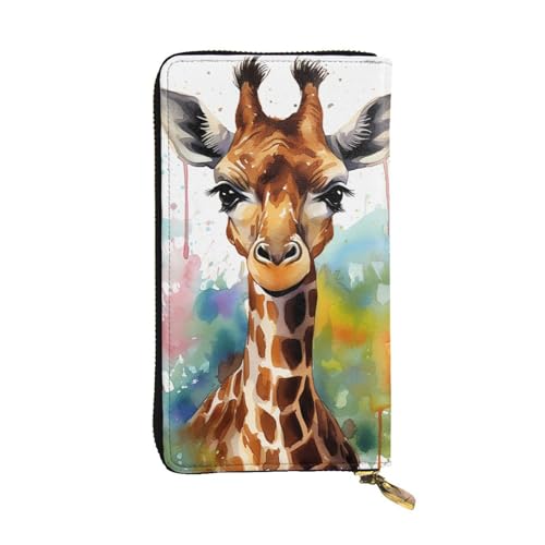 FZQVSLCM Niedliche Giraffen-Aquarell-Ledergeldbörse für Damen, lange Münzbörse, ultradünn, Kreditkartenhalter, doppelt gefaltete Clutch von FZQVSLCM