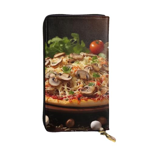 FZQVSLCM Pizza mit Pilzen und Tomaten Leder Geldbörse für Frauen Lange Münzbörse Ultra Slim Kreditkarten Halter Bifold Clutch von FZQVSLCM