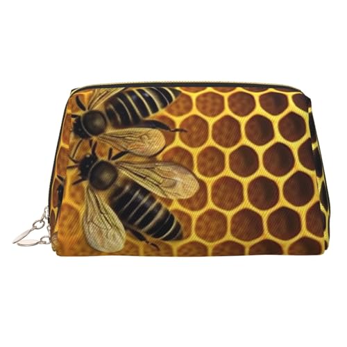 FZQVSLCM Reise-Make-up-Tasche, wasserdichte Make-up-Tasche für Geldbörse, Leder-Kulturbeutel für Damen, Kosmetiktasche, Organizer, Bienen auf Bienenstock, Make-up-Tasche mit Reißverschluss von FZQVSLCM