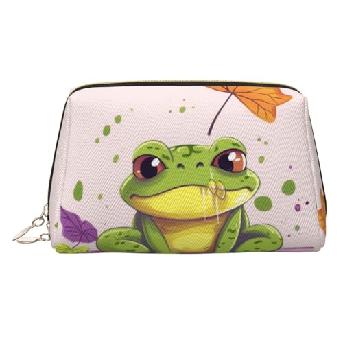 FZQVSLCM Reise-Make-up-Tasche, wasserdichte Make-up-Tasche für Geldbörse, Leder-Kulturbeutel für Damen, Kosmetiktasche, Organizer, Blätter und Frosch, Make-up-Tasche mit Reißverschluss von FZQVSLCM