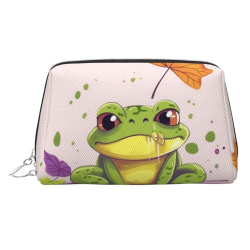 FZQVSLCM Reise-Make-up-Tasche, wasserdichte Make-up-Tasche für Geldbörse, Leder-Kulturbeutel für Damen, Kosmetiktasche, Organizer, Blätter und Frosch, Make-up-Tasche mit Reißverschluss von FZQVSLCM