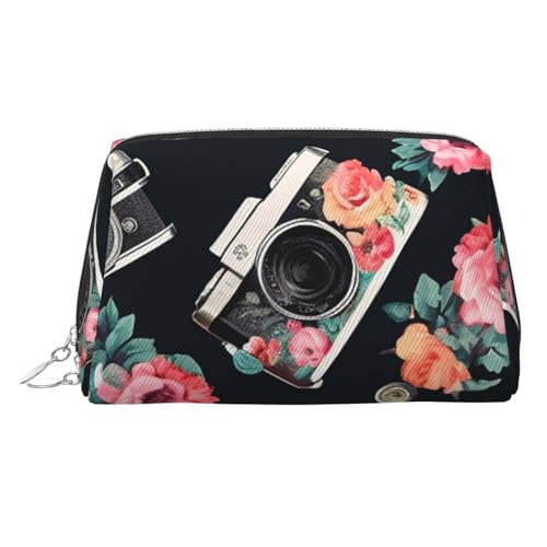 FZQVSLCM Reise-Make-up-Tasche, wasserdichte Make-up-Tasche für Geldbörse, Leder-Kulturbeutel für Damen, Kosmetiktasche, Organizer, Blume, Kamera, Make-up-Tasche mit Reißverschluss, Make-up-Tasche für von FZQVSLCM