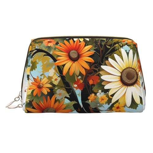 FZQVSLCM Reise-Make-up-Tasche, wasserdichte Make-up-Tasche für Geldbörse, Leder-Kulturbeutel für Damen, Kosmetiktasche, Organizer, Blumenbaum mit Gänseblümchen, Make-up-Tasche mit Reißverschluss von FZQVSLCM