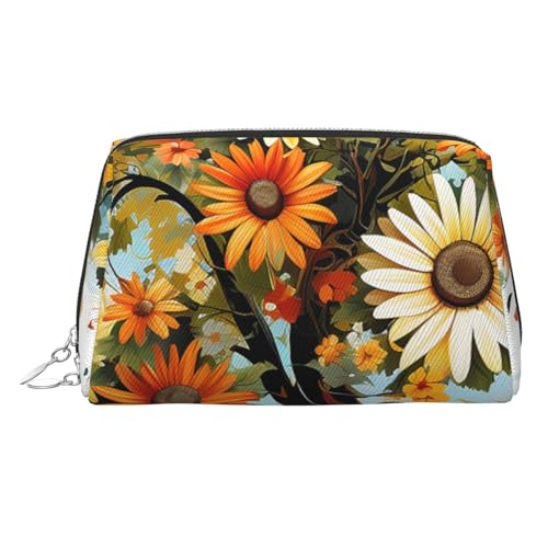 FZQVSLCM Reise-Make-up-Tasche, wasserdichte Make-up-Tasche für Geldbörse, Leder-Kulturbeutel für Damen, Kosmetiktasche, Organizer, Blumenbaum mit Gänseblümchen, Make-up-Tasche mit Reißverschluss von FZQVSLCM