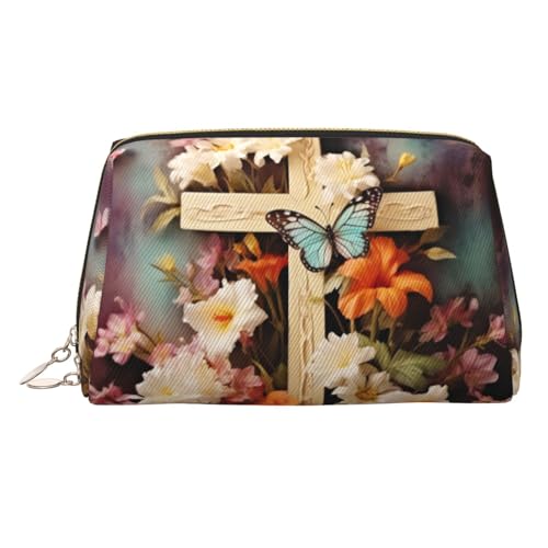 FZQVSLCM Reise-Make-up-Tasche, wasserdichte Make-up-Tasche für Geldbörse, Leder-Kulturbeutel für Damen, Kosmetiktasche, Organizer, Blumenzweige am Kreuz, Make-up-Tasche mit Reißverschluss von FZQVSLCM