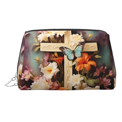 FZQVSLCM Reise-Make-up-Tasche, wasserdichte Make-up-Tasche für Geldbörse, Leder-Kulturbeutel für Damen, Kosmetiktasche, Organizer, Blumenzweige am Kreuz, Make-up-Tasche mit Reißverschluss von FZQVSLCM