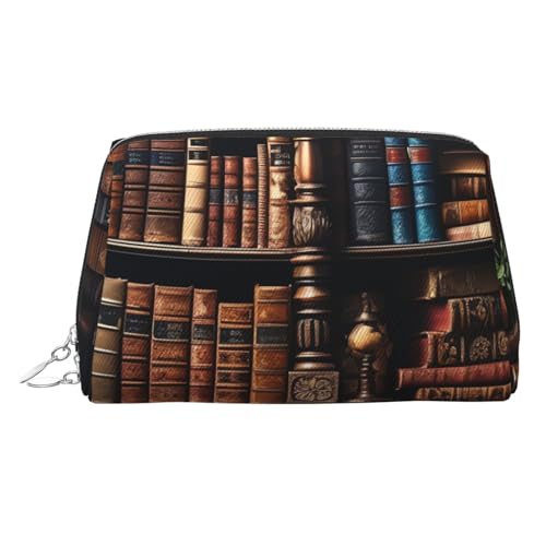 FZQVSLCM Reise-Make-up-Tasche, wasserdichte Make-up-Tasche für Geldbörse, Leder-Kulturbeutel für Damen, Kosmetiktasche, Organizer, Bücher auf dem Bücherregal, Make-up-Tasche mit Reißverschluss von FZQVSLCM