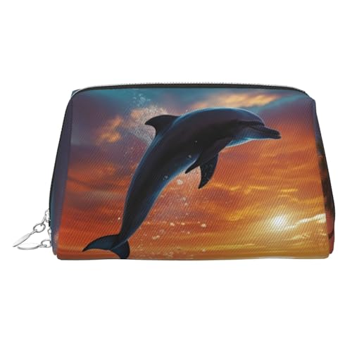 FZQVSLCM Reise-Make-up-Tasche, wasserdichte Make-up-Tasche für Geldbörse, Leder-Kulturbeutel für Damen, Kosmetiktasche, Organizer, Delfine und Palmen, Make-up-Tasche mit Reißverschluss, Make-up-Tasche von FZQVSLCM