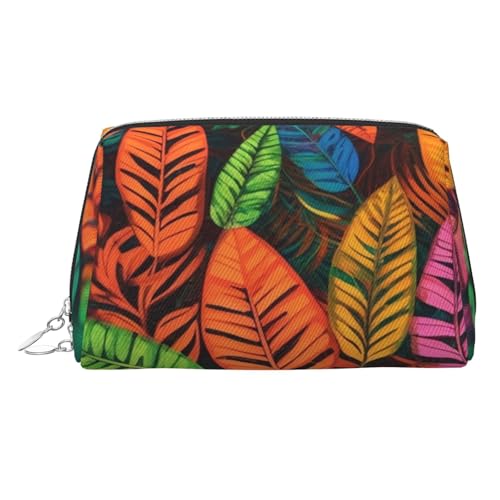 FZQVSLCM Reise-Make-up-Tasche, wasserdichte Make-up-Tasche für Geldbörse, Leder-Kulturbeutel für Damen, Kosmetiktasche, Organizer, Dschungel, bunte Blätter, Make-up-Tasche mit Reißverschluss von FZQVSLCM