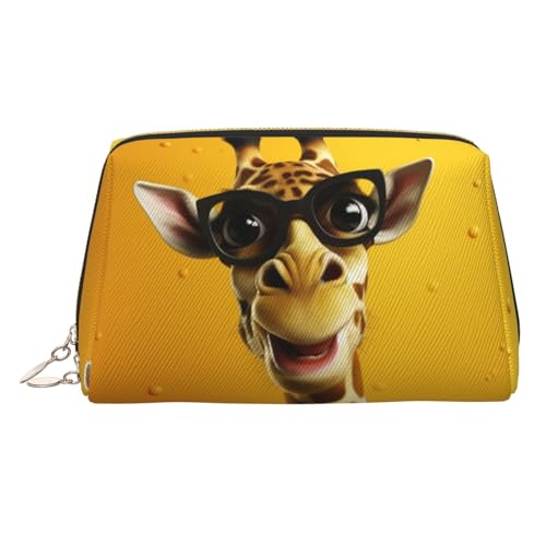 FZQVSLCM Reise-Make-up-Tasche, wasserdichte Make-up-Tasche für Geldbörse, Leder-Kulturbeutel für Damen, Kosmetiktasche, Organizer, Giraffe, mit Brille, Make-up-Tasche mit Reißverschluss von FZQVSLCM
