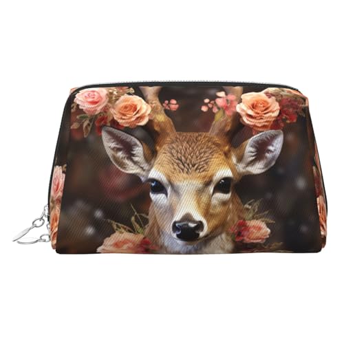 FZQVSLCM Reise-Make-up-Tasche, wasserdichte Make-up-Tasche für Geldbörse, Leder-Kulturbeutel für Damen, Kosmetiktasche, Organizer, Hirsch mit Blumen, Make-up-Tasche mit Reißverschluss, Make-up-Tasche von FZQVSLCM