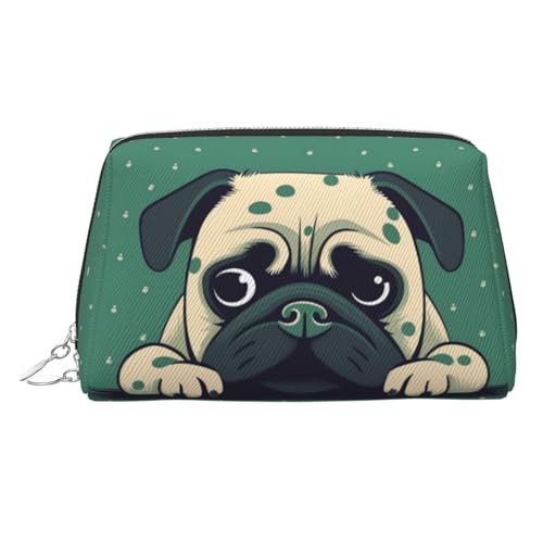 FZQVSLCM Reise-Make-up-Tasche, wasserdichte Make-up-Tasche für Geldbörse, Leder-Kulturbeutel für Damen, Kosmetiktasche, Organizer, Mops, grün gepunktet, Make-up-Tasche mit Reißverschluss von FZQVSLCM