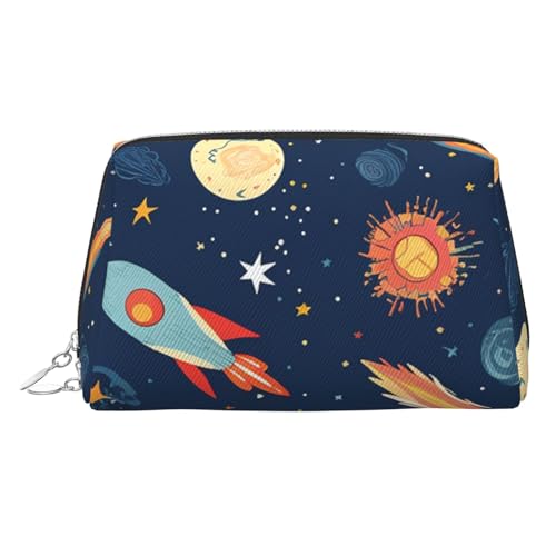 FZQVSLCM Reise-Make-up-Tasche, wasserdichte Make-up-Tasche für Geldbörse, Leder-Kulturbeutel für Damen, Kosmetiktasche, Organizer, Rakete im Weltraum, Make-up-Tasche mit Reißverschluss von FZQVSLCM