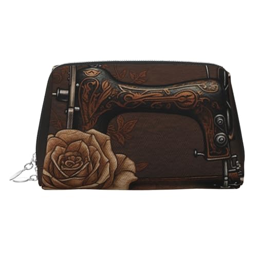 FZQVSLCM Reise-Make-up-Tasche, wasserdichte Make-up-Tasche für Geldbörse, Leder-Kulturbeutel für Damen, Kosmetiktasche, Organizer, Rose und Nähmaschine, Make-up-Tasche mit Reißverschluss von FZQVSLCM
