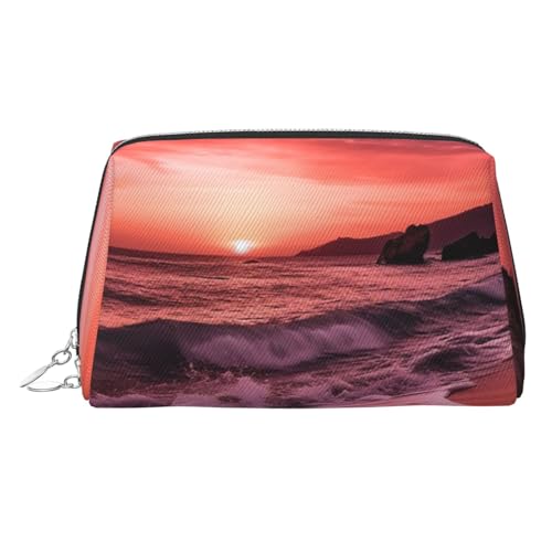 FZQVSLCM Reise-Make-up-Tasche, wasserdichte Make-up-Tasche für Geldbörse, Leder-Kulturbeutel für Damen, Kosmetiktasche, Organizer, Strand, Sonnenuntergang, Make-up-Tasche mit Reißverschluss von FZQVSLCM