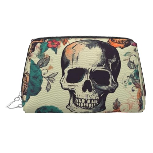 FZQVSLCM Reise-Make-up-Tasche, wasserdichte Make-up-Tasche für Geldbörse, Leder-Kulturbeutel für Damen, Kosmetiktasche, Organizer, Totenkopf-Blume, Make-up-Tasche mit Reißverschluss, Make-up-Tasche von FZQVSLCM