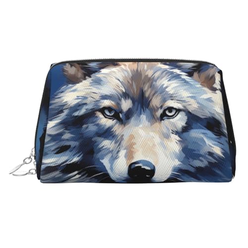 FZQVSLCM Reise-Make-up-Tasche, wasserdichte Make-up-Tasche für Geldbörse, Leder-Kulturbeutel für Damen, Kosmetiktasche, Organizer, Wolfskopf auf blauem Hintergrund, Make-up-Tasche mit Reißverschluss von FZQVSLCM