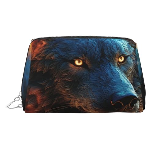 FZQVSLCM Reise-Make-up-Tasche, wasserdichte Make-up-Tasche für Geldbörse, Leder-Kulturbeutel für Damen, Kosmetiktasche, Organizer, Wolfskopf in blauen Flammen, Make-up-Tasche mit Reißverschluss von FZQVSLCM