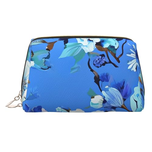 FZQVSLCM Reise-Make-up-Tasche, wasserdichte Make-up-Tasche für Geldbörse, Leder-Kulturbeutel für Damen, Kosmetiktasche, Organizer, blaue Blumen-Make-up-Tasche mit Reißverschluss, Make-up-Tasche für von FZQVSLCM