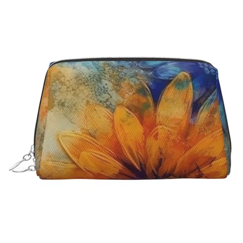 FZQVSLCM Reise-Make-up-Tasche, wasserdichte Make-up-Tasche für Geldbörse, Leder-Kulturbeutel für Damen, Kosmetiktasche, Organizer, blaue und orangefarbene Blumen, Make-up-Tasche mit Reißverschluss von FZQVSLCM