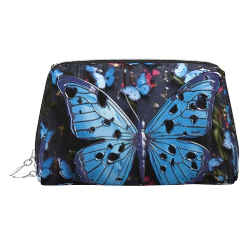 FZQVSLCM Reise-Make-up-Tasche, wasserdichte Make-up-Tasche für Geldbörse, Leder-Kulturbeutel für Damen, Kosmetiktasche, Organizer, blauer Schmetterling, Make-up-Tasche mit Reißverschluss von FZQVSLCM