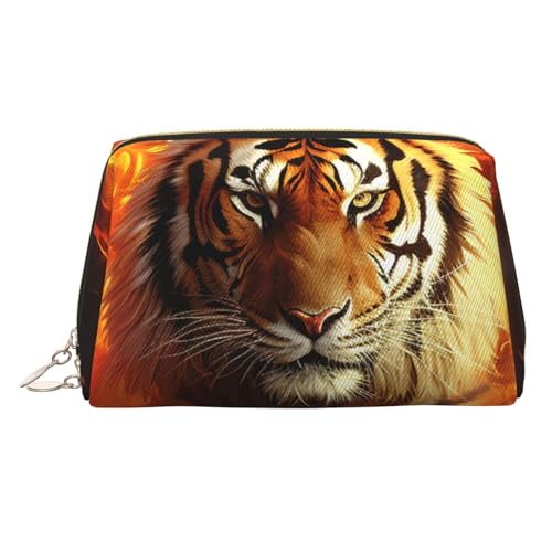 FZQVSLCM Reise-Make-up-Tasche, wasserdichte Make-up-Tasche für Geldbörse, Leder-Kulturbeutel für Damen, Kosmetiktasche, Organizer, cooler Tiger in Flamme, Make-up-Tasche mit Reißverschluss von FZQVSLCM